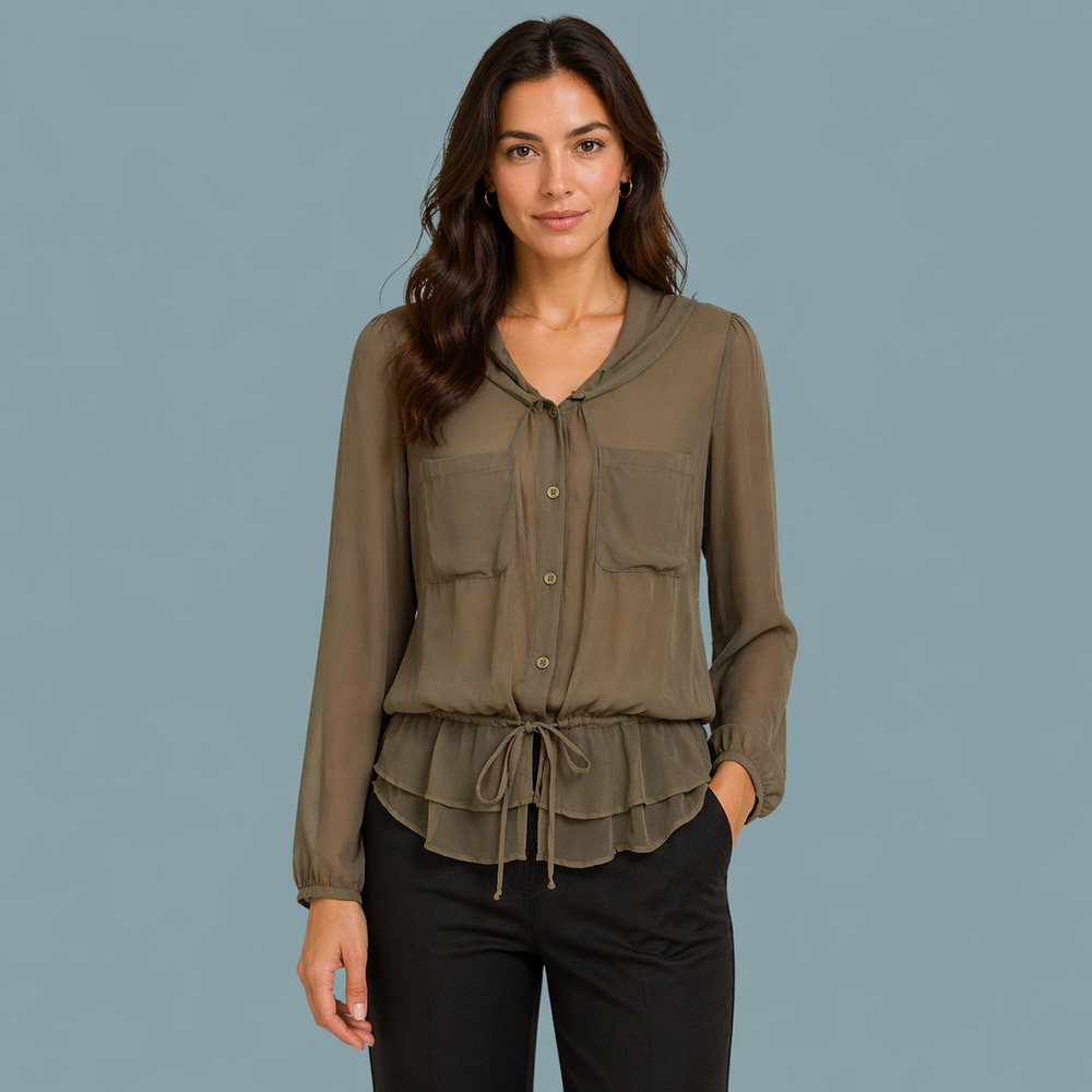 Transit Par Such 3 Size Medium M Brown Semi Sheer Button Drawstring Hem Top